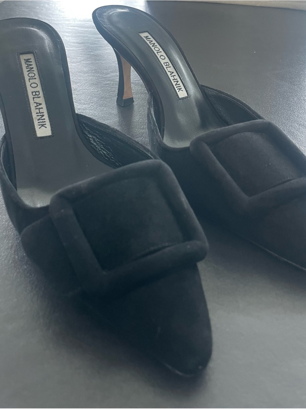 Manolo Blahnik Black Suede Buckle Pointed-Toe Mule Heels